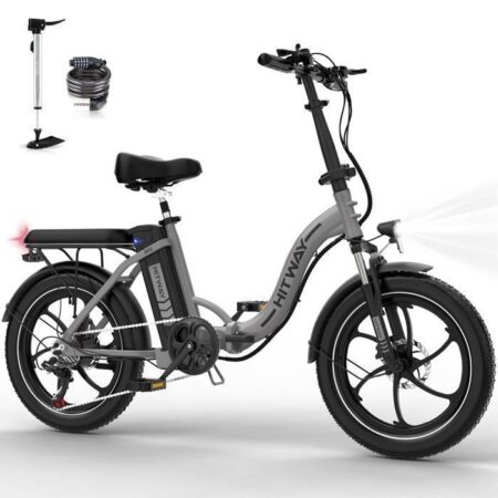 HITWAY Vélo Électrique 20" Pliable - Batterie 36V - 13Ah - Moteur 250W - 7 Vitesses - Argent
