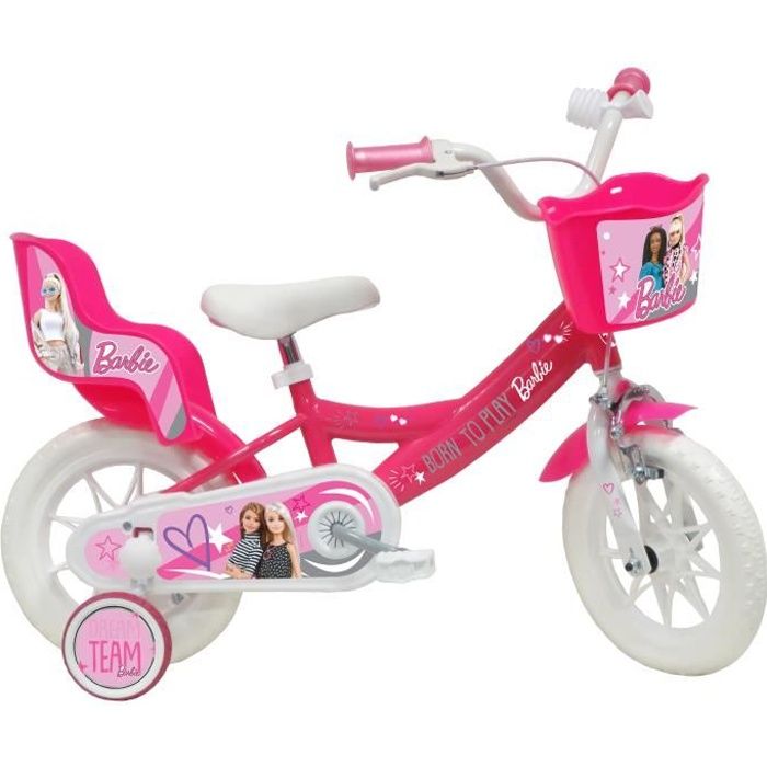 Vélo enfant Fille 12" BARBIE - (Taille <90/95 cm) Rose & Blanc équipé de 1 Frein, panier avant, porte poupée