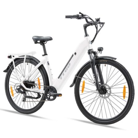 Vélo Électrique 28"- Moteur 350W Batterie 36V/20Ah - Autonomie 110km,Shimano 7 vitesses,Fourche à suspension, Frein à disque,Blanc