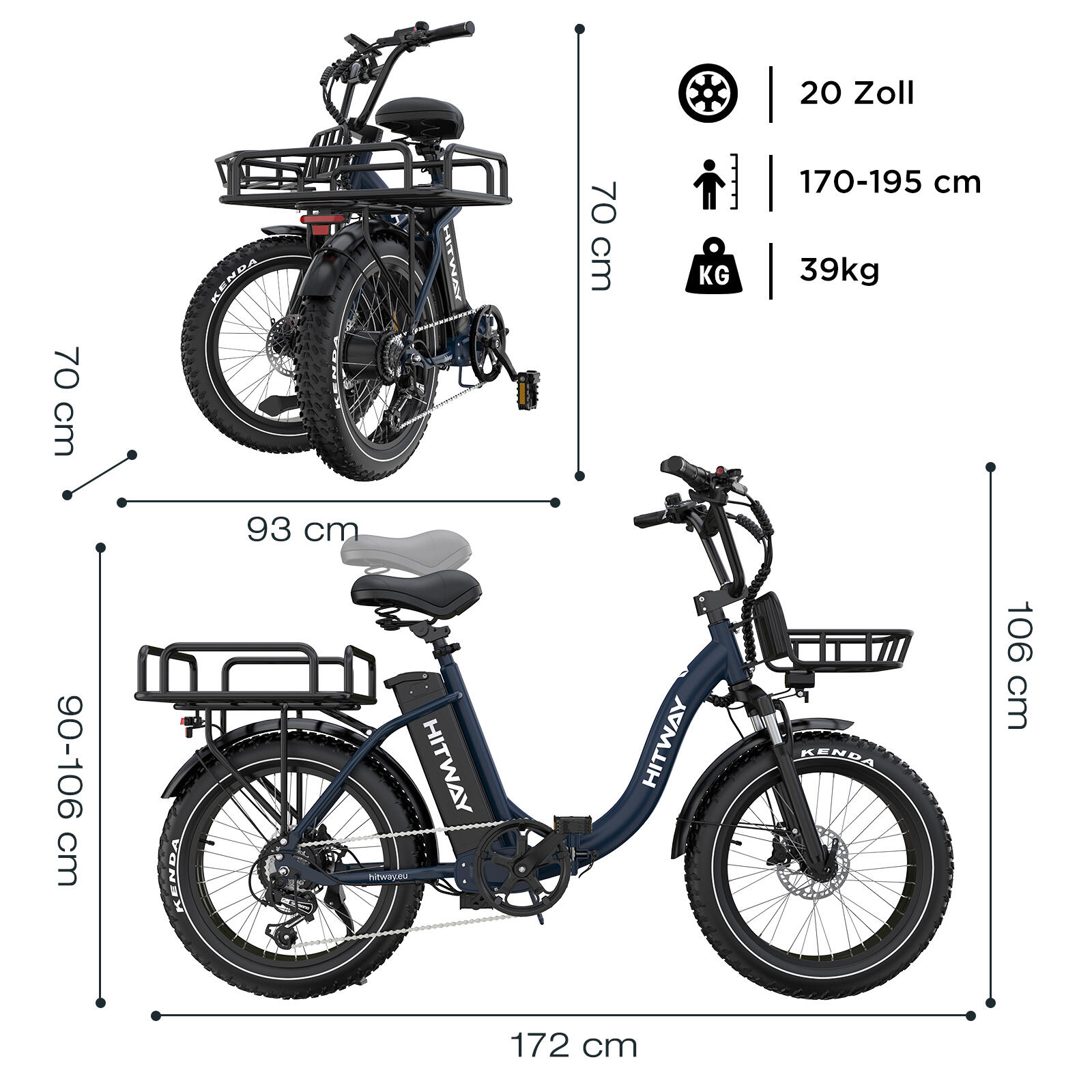 Vélo cargo électrique pliant 20*4,0", pneus fat, 1296Wh, BK6S PLUS – Image 5