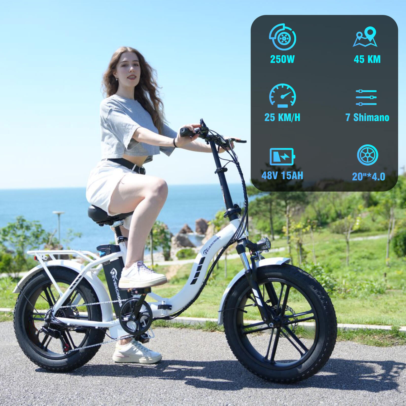 Vélo électrique pliable Adulte Fat tire 20*4.0 Batterie 13Ah- EK6 Blanc – Image 4