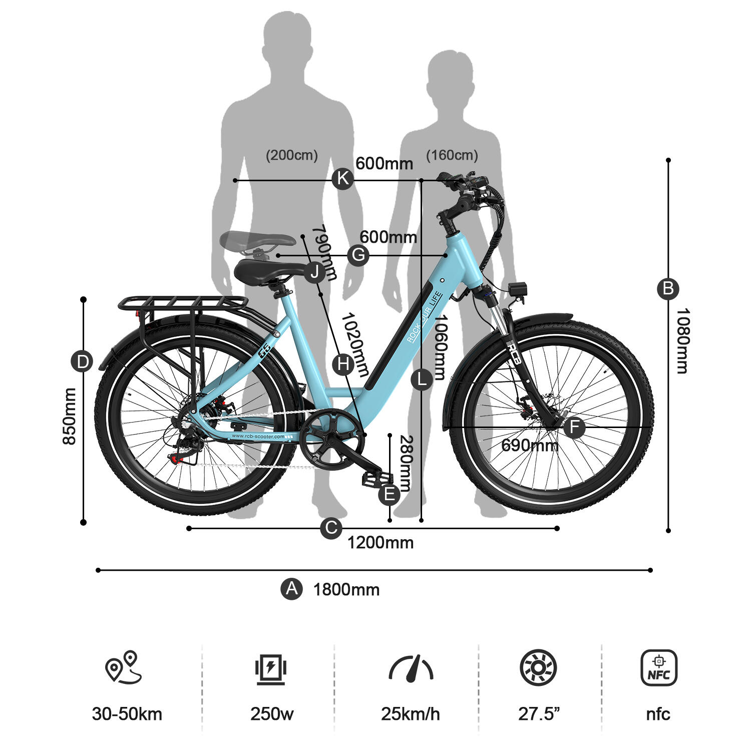 Vélo électrique E-Bike, Adulte RCB-G6, 27,5 pouces, capteur de couple, APP & NFC – Image 4