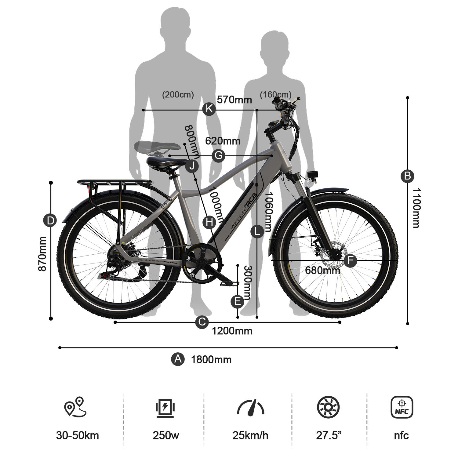 Vélo électrique E-Bike, Adulte RCB-G5, 27,5 pouces, capteur de couple, APP & NFC – Image 2