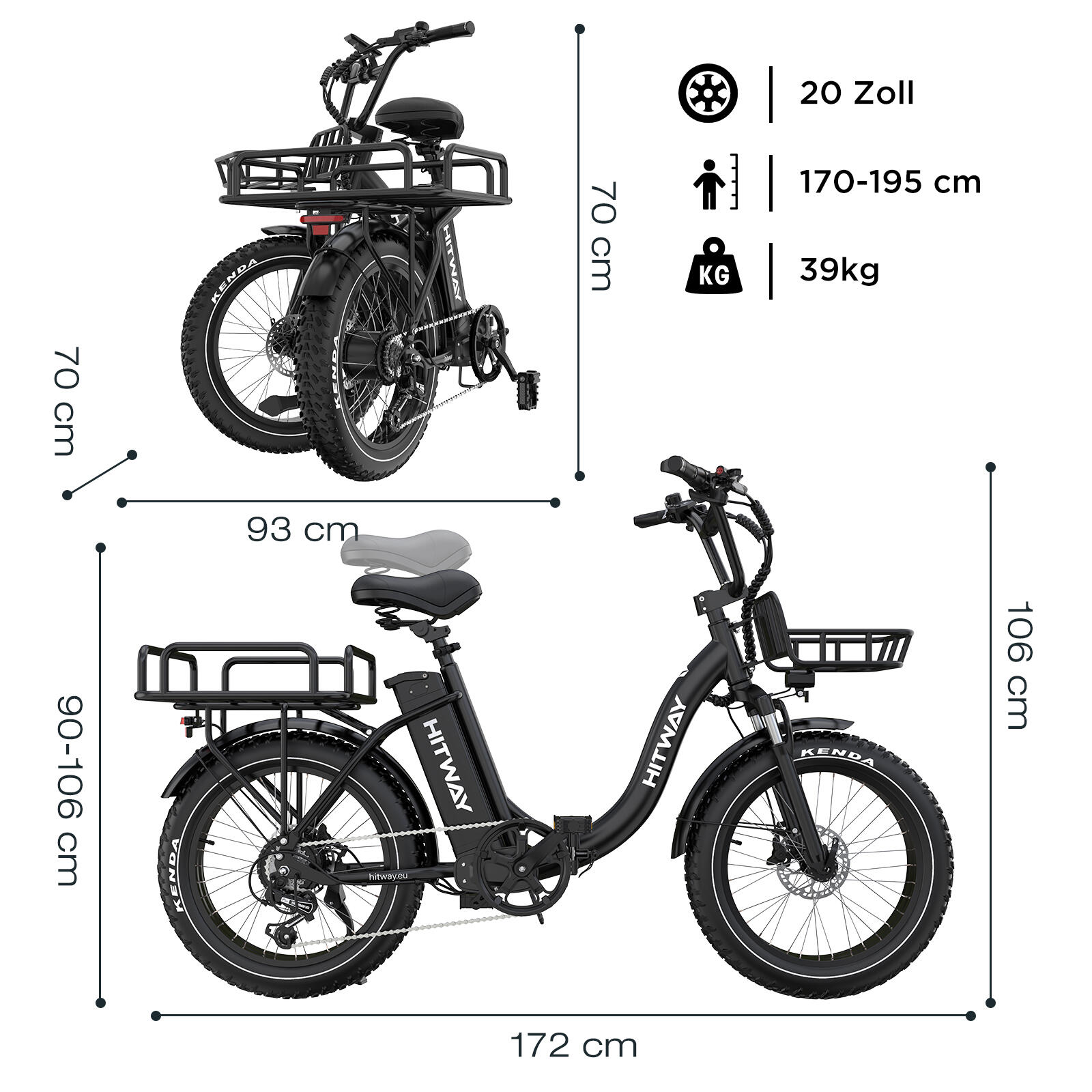 Vélo cargo électrique pliant 20*4,0", pneus fat, 1296Wh, BK6S PLUS – Image 5