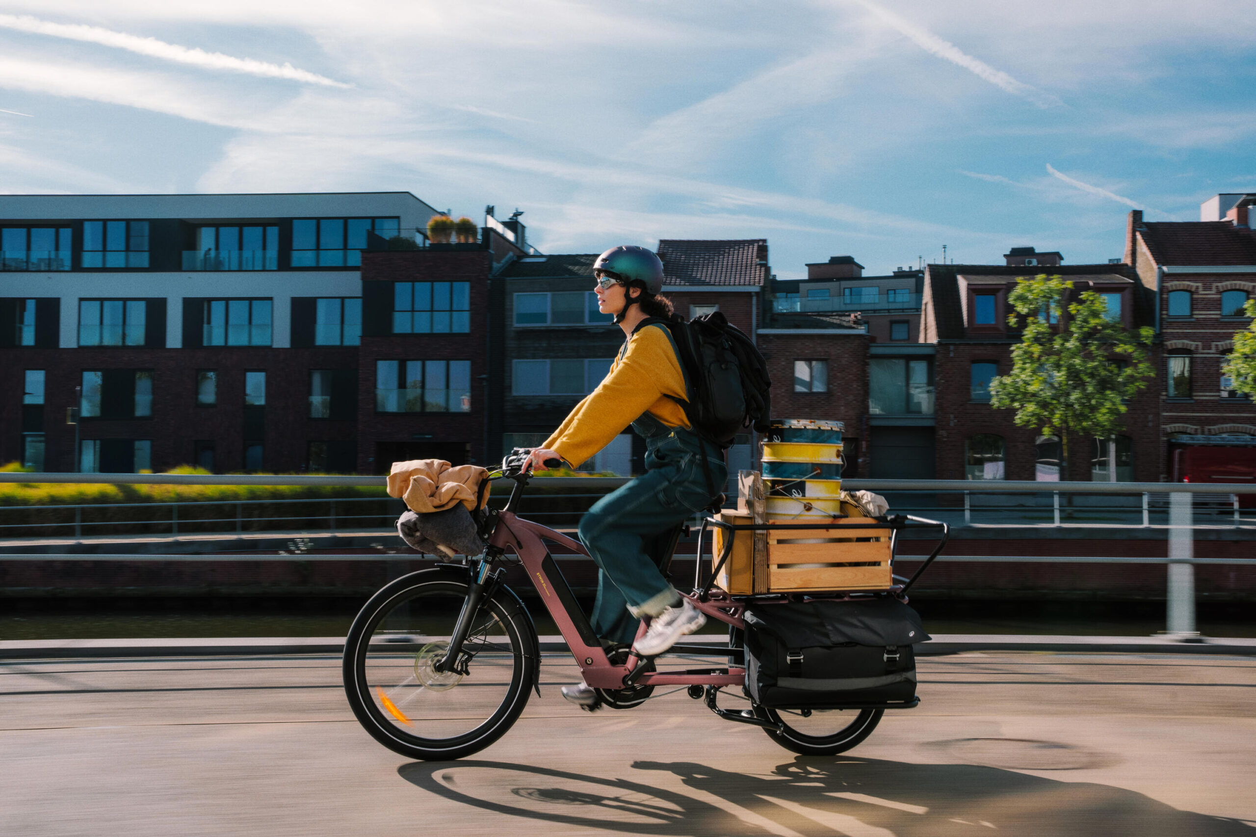 Velo cargo électrique longtail, E-three 500 rose taupe